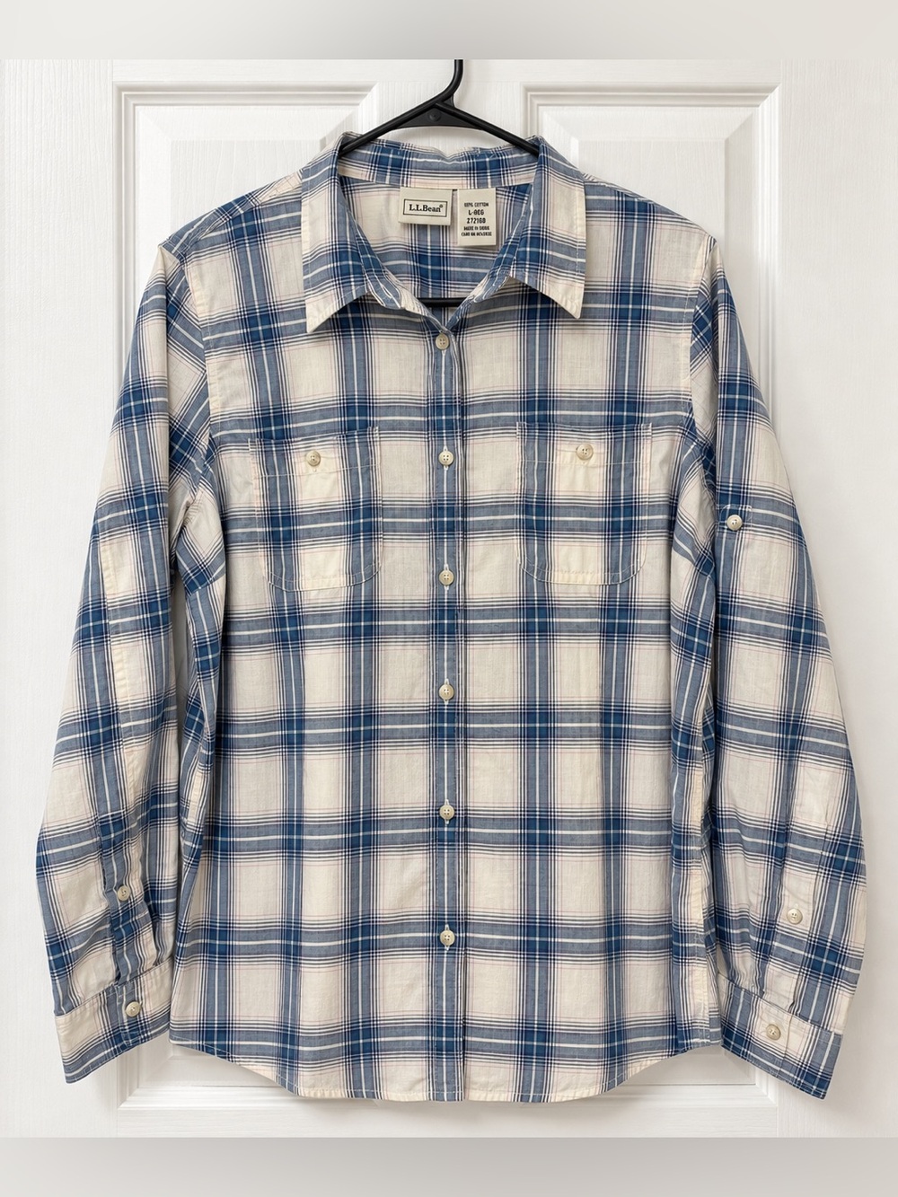 L.L. bean Women L REG Plain Roll Tab Shirt Blue Cream 100% Cotton Lightweight